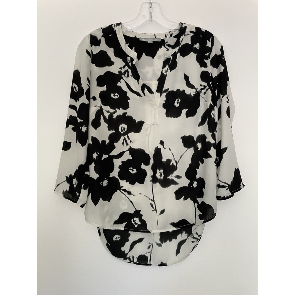 Daniel Rain Split Neck Women's Blouse 3/4 Sleeve‎ Ivory Black Flowers Size PXS